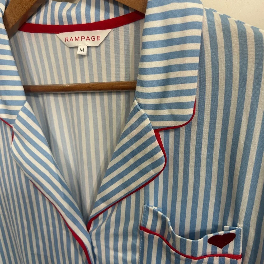 New NWT Rampage Blue and White Striped Pajama Set with Red Heart and piping. - Picture 5 of 14